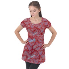 Love Hearts Valentine Red Symbol Puff Sleeve Tunic Top by Paksenen