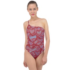 Love Hearts Valentine Red Symbol Classic One Shoulder Swimsuit by Paksenen