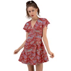 Love Hearts Valentine Red Symbol Flutter Sleeve Wrap Dress by Paksenen