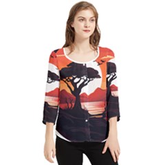 Tree Lake Bird Chiffon Quarter Sleeve Blouse by Bedest