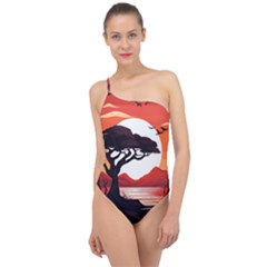 Tree Lake Bird Classic One Shoulder Swimsuit by Bedest