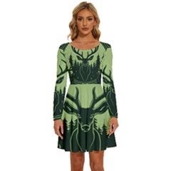 Deer Forest Nature Long Sleeve Wide Neck Velvet Dress by Bedest