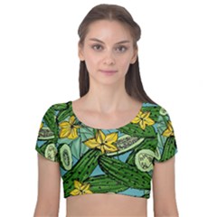 Seamless Pattern With Cucumber Slice Flower Colorful Hand Drawn Background With Vegetables Wallpaper Velvet Short Sleeve Crop Top  by Ket1n9