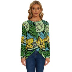 Seamless Pattern With Cucumber Slice Flower Colorful Hand Drawn Background With Vegetables Wallpaper Long Sleeve Crew Neck Pullover Top by Ket1n9