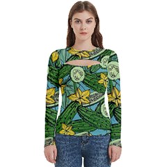 Seamless Pattern With Cucumber Slice Flower Colorful Hand Drawn Background With Vegetables Wallpaper Women s Cut Out Long Sleeve T-shirt by Ket1n9