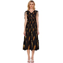 Abstract Art Pattern Warm Colors V-neck Drawstring Shoulder Sleeveless Maxi Dress