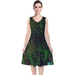 Circuits Circuit Board Green Technology V-neck Midi Sleeveless Dress  by Ndabl3x