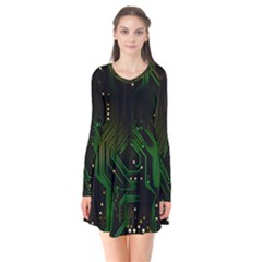 Circuits Circuit Board Green Technology Long Sleeve V-neck Flare Dress by Ndabl3x