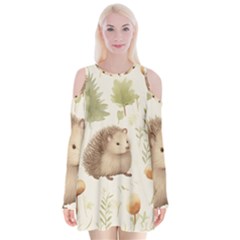 Hedgehog Mushroom Velvet Long Sleeve Shoulder Cutout Dress