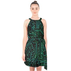 Circuits Circuit Board Green Halter Collar Waist Tie Chiffon Dress