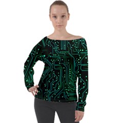 Circuits Circuit Board Green Off Shoulder Long Sleeve Velour Top by Ndabl3x