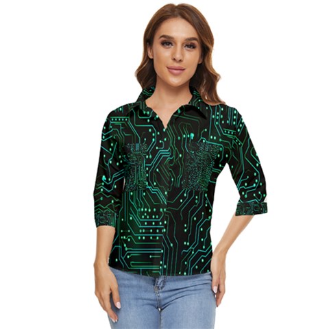 Circuits Circuit Board Green Women s Quarter Sleeve Pocket Shirt by Ndabl3x