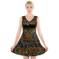 Circuits Circuit Board Orange Technology V-neck Sleeveless Dress by Ndabl3x