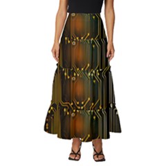 Circuits Circuit Board Orange Technology Tiered Ruffle Maxi Skirt