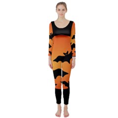 Halloween Bats Moon Full Moon Long Sleeve Catsuit by Cendanart