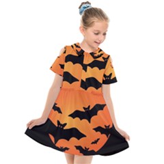 Halloween Bats Moon Full Moon Kids  Short Sleeve Shirt Dress by Cendanart