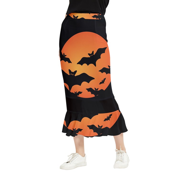 Halloween Bats Moon Full Moon Maxi Fishtail Chiffon Skirt