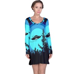 Ufo Alien Night Sky Night Long Sleeve Nightdress by Cendanart