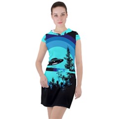 Ufo Alien Night Sky Night Drawstring Hooded Dress by Cendanart