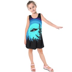 Ufo Alien Night Sky Night Kids  Sleeveless Dress by Cendanart