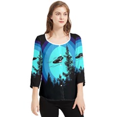 Ufo Alien Night Sky Night Chiffon Quarter Sleeve Blouse by Cendanart