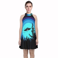 Ufo Alien Night Sky Night Velvet Halter Neckline Dress  by Cendanart