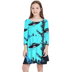 Ufo Alien Night Sky Night Kids  Quarter Sleeve Skater Dress by Cendanart