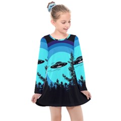 Ufo Alien Night Sky Night Kids  Long Sleeve Dress by Cendanart