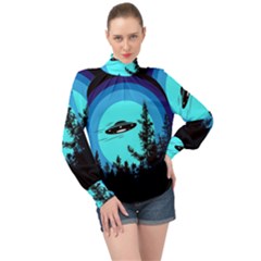 Ufo Alien Night Sky Night High Neck Long Sleeve Chiffon Top by Cendanart