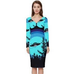 Ufo Alien Night Sky Night Long Sleeve V-neck Bodycon Dress  by Cendanart