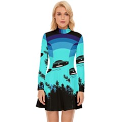 Ufo Alien Night Sky Night Long Sleeve Velour Longline Dress by Cendanart