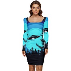 Ufo Alien Night Sky Night Women Long Sleeve Ruched Stretch Jersey Dress by Cendanart