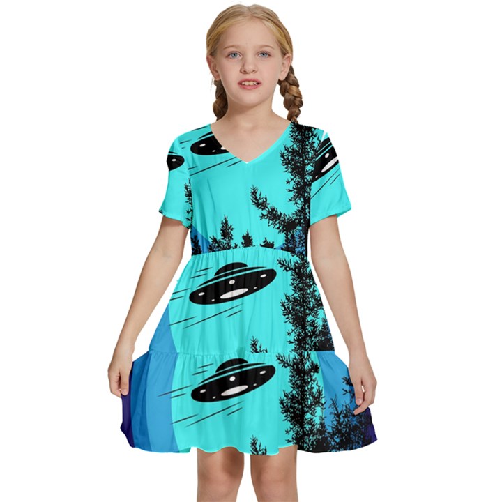 Ufo Alien Night Sky Night Kids  Short Sleeve Tiered Mini Dress