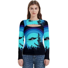 Ufo Alien Night Sky Night Women s Cut Out Long Sleeve T-shirt by Cendanart