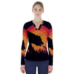 Forest Bear Silhouette Sunset V-neck Long Sleeve Top by Cendanart