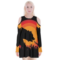 Forest Bear Silhouette Sunset Velvet Long Sleeve Shoulder Cutout Dress by Cendanart