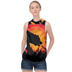 Forest Bear Silhouette Sunset High Neck Satin Top