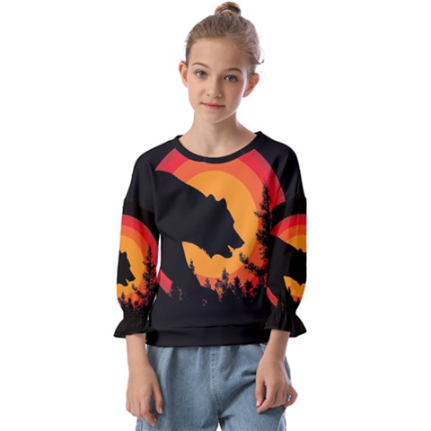 Forest Bear Silhouette Sunset Kids  Cuff Sleeve Top by Cendanart