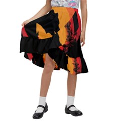 Forest Bear Silhouette Sunset Kids  Ruffle Flared Wrap Midi Skirt by Cendanart