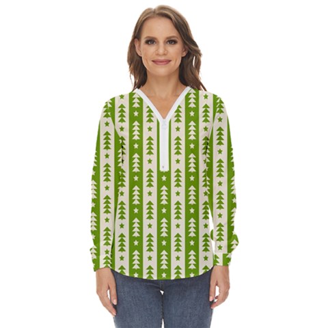 Christmas Green Tree Background Zip Up Long Sleeve Blouse by Cendanart