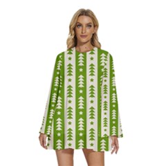 Christmas Green Tree Background Round Neck Long Sleeve Bohemian Style Chiffon Mini Dress by Cendanart