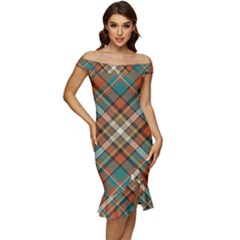 Tartan Scotland Seamless Plaid Pattern Vector Retro Background Fabric Vintage Check Color Square Geo Off Shoulder Ruffle Split Hem Bodycon Dress by Ket1n9