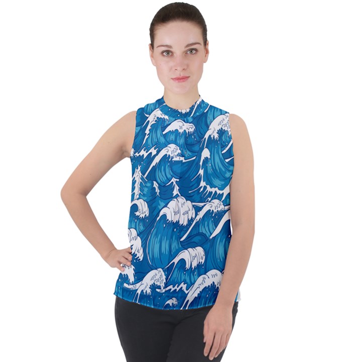 Seamless Pattern With Colorful Bush Roses Mock Neck Chiffon Sleeveless Top