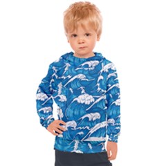 Storm Waves Seamless Pattern Raging Ocean Water Sea Wave Vintage Japanese Storms Print Illustration Kids  Hooded Pullover by Ket1n9