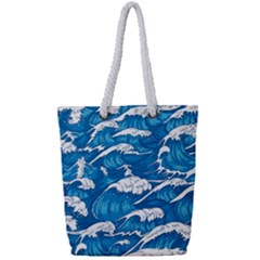 Storm Waves Seamless Pattern Raging Ocean Water Sea Wave Vintage Japanese Storms Print Illustration Full Print Rope Handle Tote (small) by Ket1n9