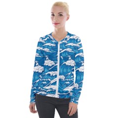 Storm Waves Seamless Pattern Raging Ocean Water Sea Wave Vintage Japanese Storms Print Illustration Velvet Zip Up Jacket by Ket1n9