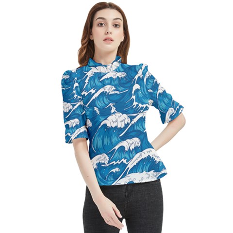 Storm Waves Seamless Pattern Raging Ocean Water Sea Wave Vintage Japanese Storms Print Illustration Frill Neck Blouse by Ket1n9