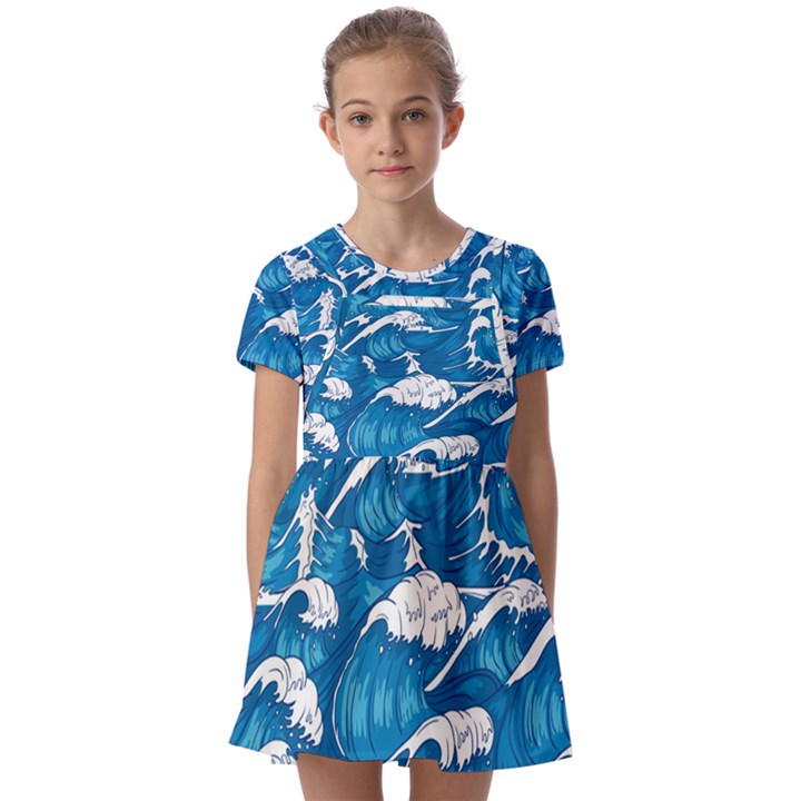 Storm Waves Seamless Pattern Raging Ocean Water Sea Wave Vintage Japanese Storms Print Illustration Kids  Short Sleeve Pinafore Style Dress