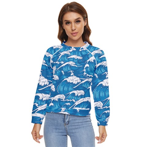 Storm Waves Seamless Pattern Raging Ocean Water Sea Wave Vintage Japanese Storms Print Illustration Women s Long Sleeve Raglan T-shirt by Ket1n9