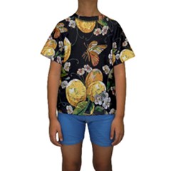 Embroidery Blossoming Lemons Butterfly Seamless Pattern Kids  Short Sleeve Swimwear by Ket1n9